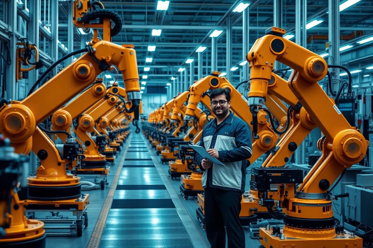 Robotic arms on an Indian manufacturing assembly line with an engineer reviewing output